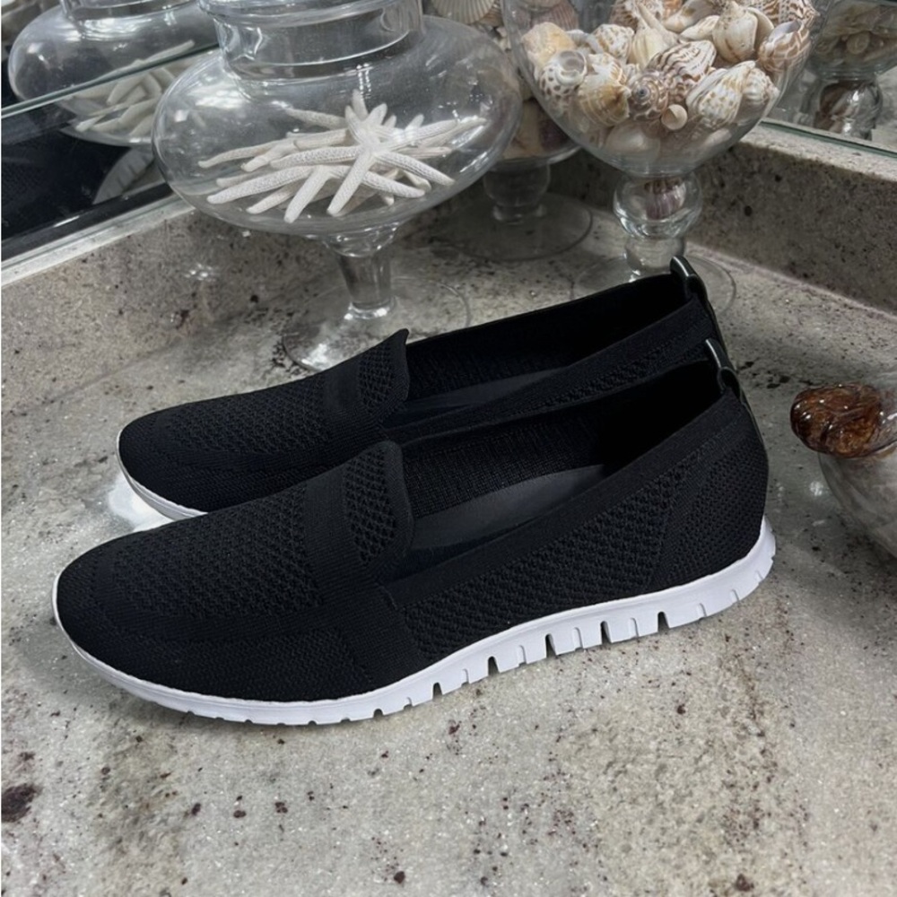 Cole Haan Zerogrand Stitchlite black fabric round toe slip on loafer flats.